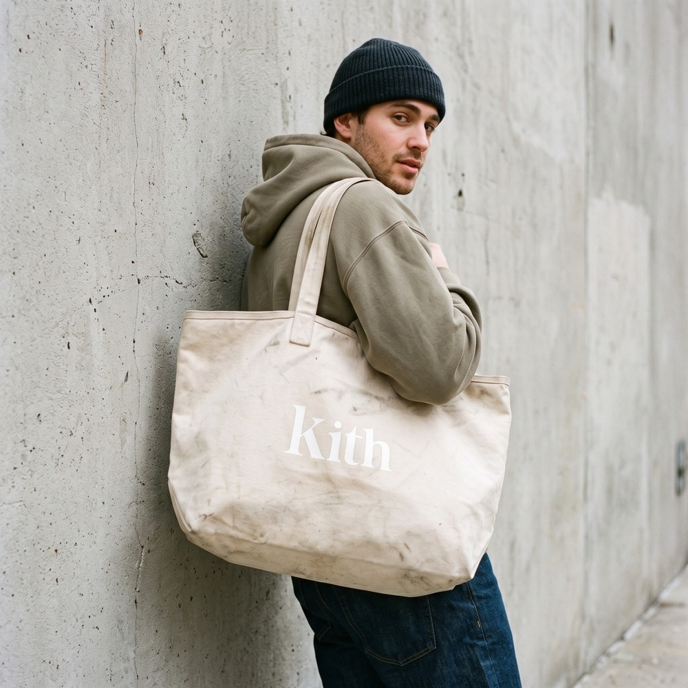 Kith Unisex Canvas Tote Bag OS Cream Logo Print Removable Pouch Streetwear